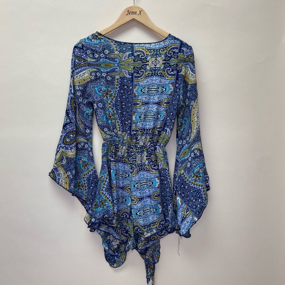 AELSON Blue Tie Front Boho Romper Size S Cut Out Flare Sleeves Paisley